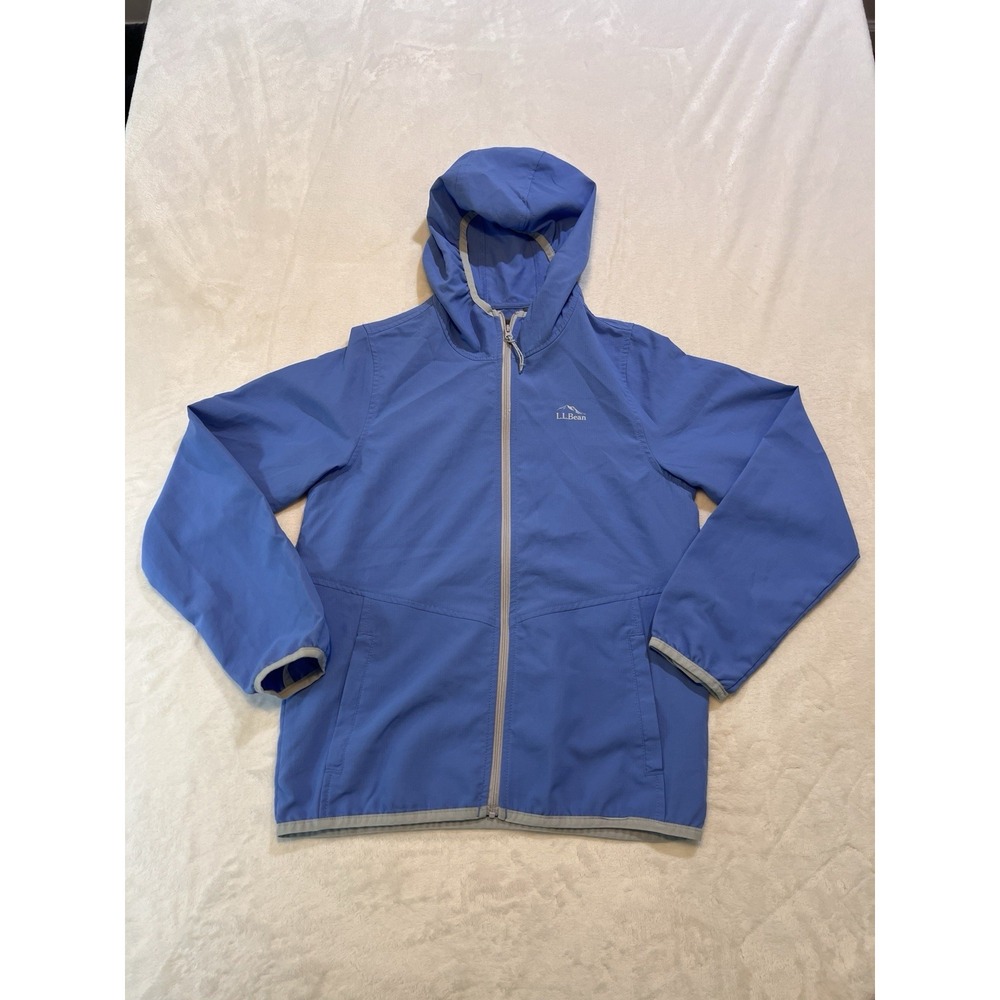 L.L.Bean Kids Rain Jacket Blue Packable Hooded Windbreaker Reflective M 10–12